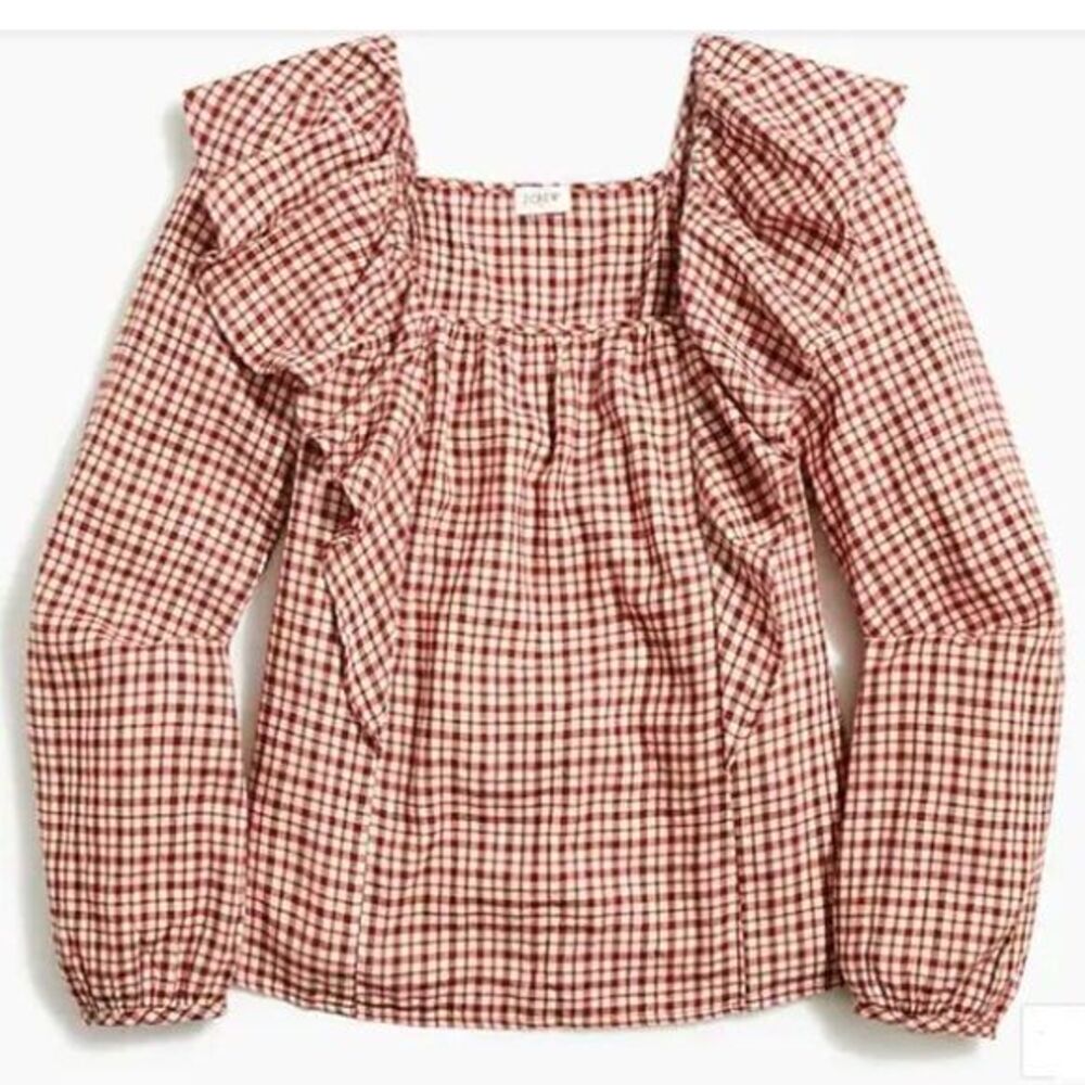 J Crew Women's Flannel Squareneck Cotton Ruffle Top Ivory Red Medium